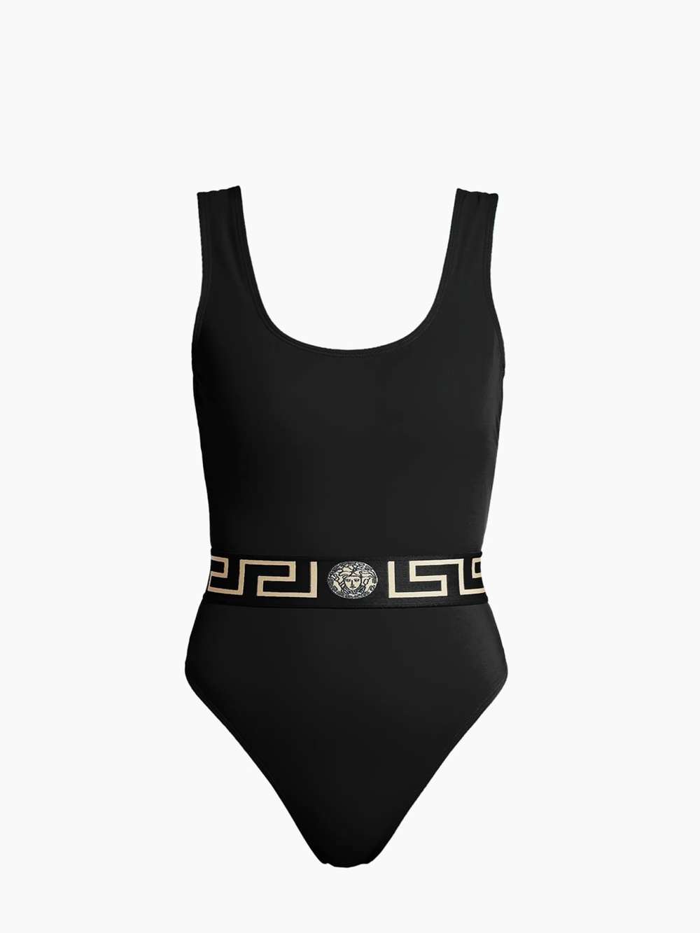 Versace Black One-Piece Swimsuit with Gold Greek Key Belt